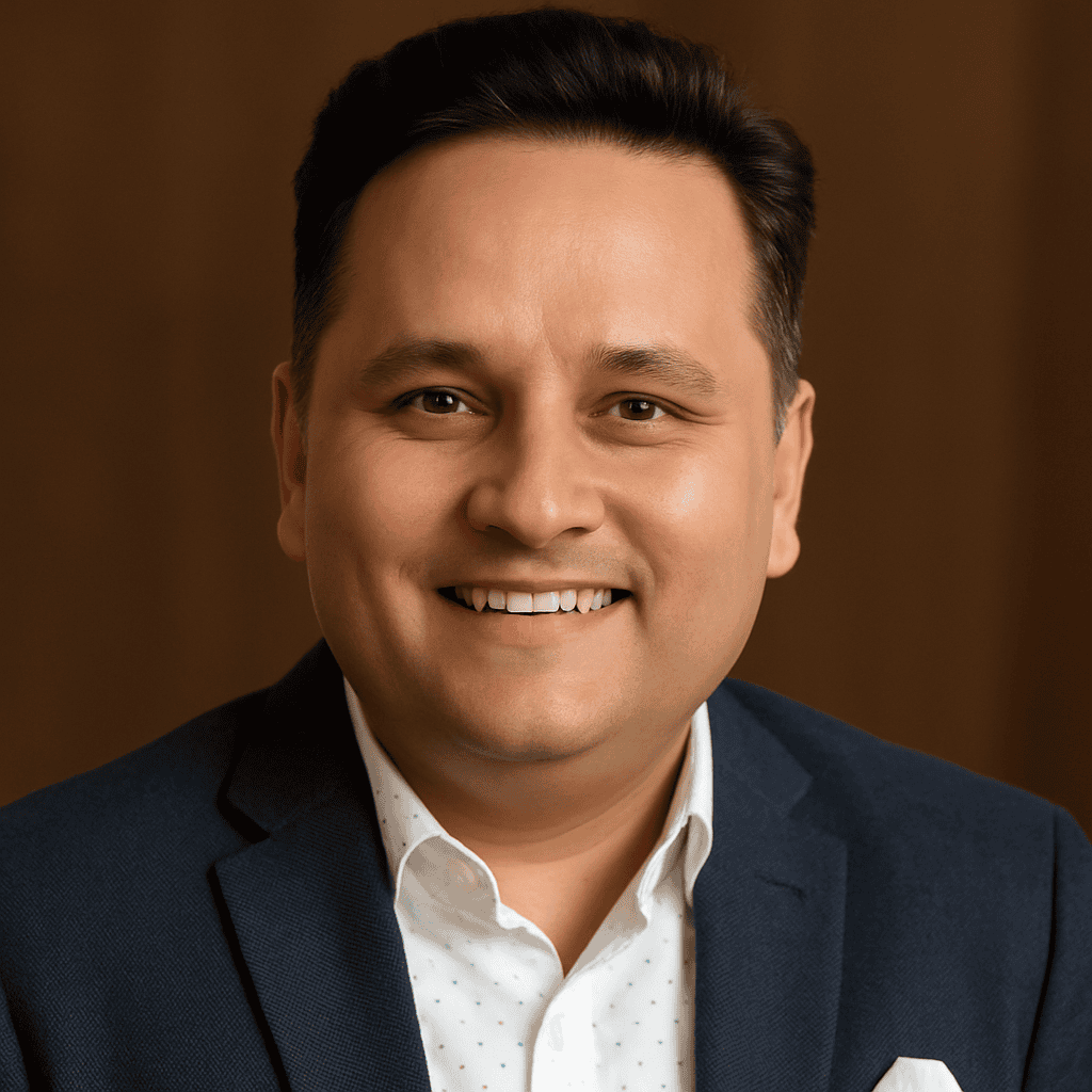 Amish Tripathi smiling in a blue blazer - bestselling Indian author